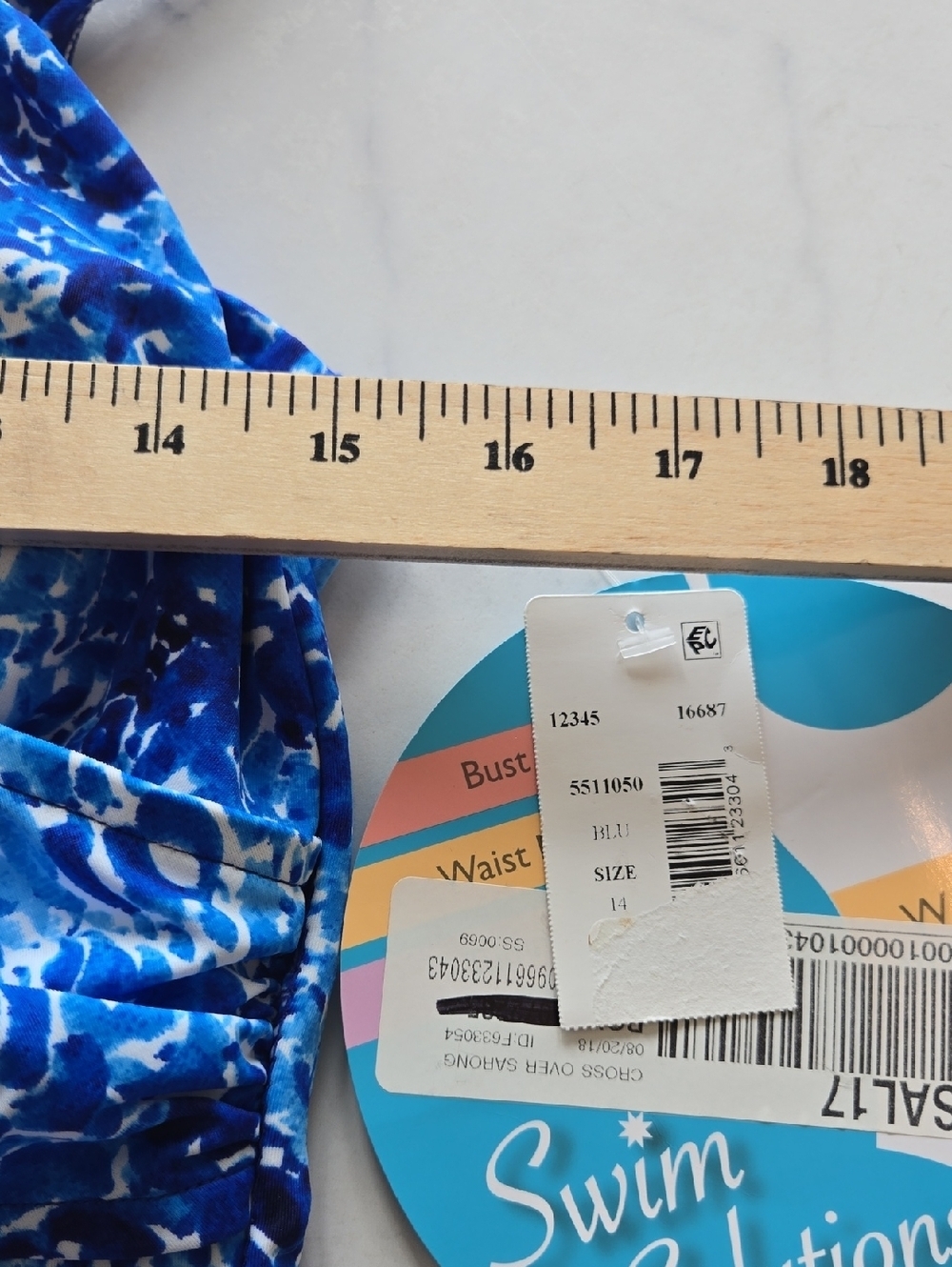 Swim Solutions Blue Patterned Scoop Back Twist-Front One Piece Swimsuit 14 NWT - Picture 5 of 8
